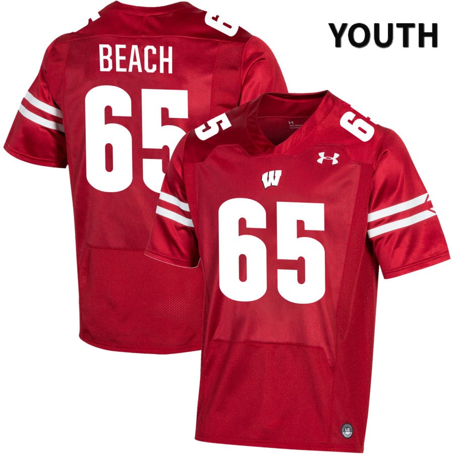 Wisconsin Badgers Youth #65 Tyler Beach NCAA Under Armour Authentic Red NIL 2022 College Stitched Football Jersey ZU40Y82QR